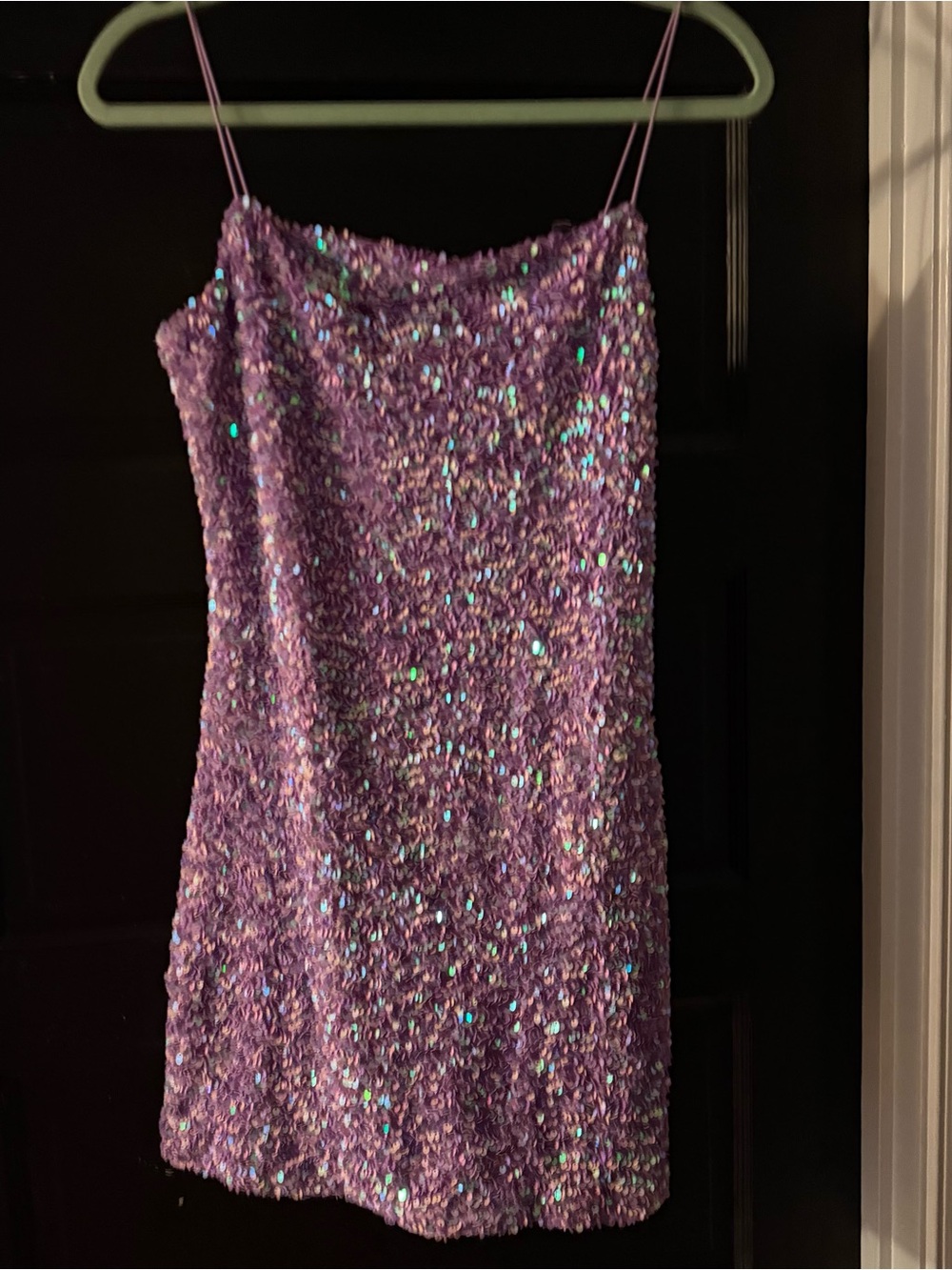 Purple Sequin Mini Dress with Spaghetti Straps